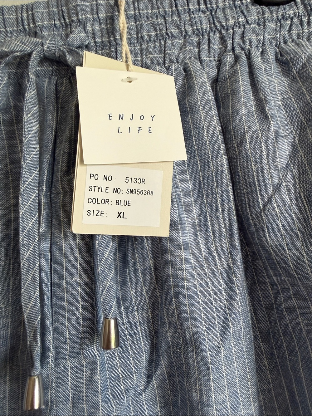 Linen Blend High-Waist Drawstring Shorts - Blue Stripe - Picture 3 of 6